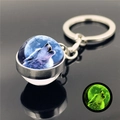 Howling wolf moon luminous keychain with double-sided glass ball and silver alloy ring - Dark Blue Night Wolf (XSWX2748-4)