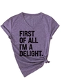 Detail of purple V-neck T-shirt with black first of all i'm a delight graphic and side knot - Purple (Black Print)