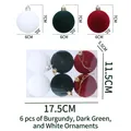 6-pack flocked Christmas balls in wine red, dark green and white, 6cm festive tree ornaments - Wine Red, Dark Green & White