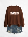 Flat lay of brown Radiation Therapist sweatshirt paired with distressed denim shorts - Coffee Sweatshirt (White Text)