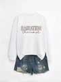 Macro detail of Radiation Therapist print on white crewneck sweatshirt with denim shorts - White Sweatshirt (Black Text)
