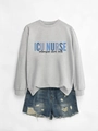 Detailed flat lay of ICU NURSE sweatshirt with distressed denim shorts on white background - Grey (Black Print)
