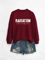 Detail of burgundy Radiation Therapist sweatshirt paired with blue distressed denim shorts - Wine Red Sweatshirt (White Text)