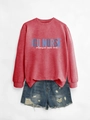 Flat lay of a red ICU Nurse sweatshirt paired with distressed denim shorts on grey background - Red (White Print)
