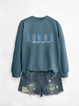 Detailed flat lay of ICU NURSE printed sweatshirt with ripped denim shorts - Blue (White Print)