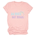 Detailed flat lay of pink cotton T-shirt featuring DO MATH NOT MAGIC rainbow graphic print - Pink