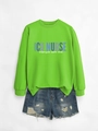 Detail of neon green ICU Nurse sweatshirt paired with distressed denim shorts - Fluorescent Green (White Print)