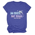 Detail of Do Math Not Magic graphic print on blue crewneck cotton t-shirt for women - Vintage Blue