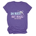 Detail of Do Math Not Magic slogan print on purple cotton crewneck t-shirt - Purple