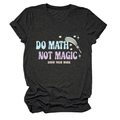 Detail of Do Math Not Magic slogan print and crew neck on a charcoal grey t-shirt - Black Heather Grey