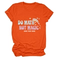 Detail of Do Math Not Magic slogan print on bright orange cotton crew neck t-shirt - Orange