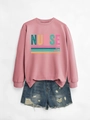Flat lay of pink nurse sweatshirt with caring and loyal text print and denim shorts - Rose Gold