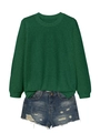 Detailed view of dark green long sleeve crewneck sweatshirt and distressed denim shorts - S / Vintage Green