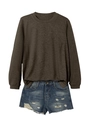 Flat lay of a long sleeve crewneck sweatshirt and distressed denim shorts with raw hem - S / Coffee