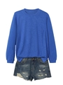 Detail of royal blue long sleeve knit top paired with distressed denim shorts on white background - 2XL / Vintage Blue
