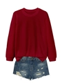 Detail of burgundy crewneck sweatshirt texture and distressed blue denim shorts - S / Burgundy