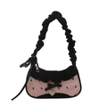 Pink and black shoulder bag with teddy bear pattern, bow, and ruffled handle - Black Pink