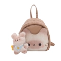 Cute brown cartoon cat mini backpack for women with soft plush bear charm accessory - Khaki With Pendant