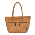 Grande borsa tote in nylon marrone con doppie tasche frontali e manici su sfondo bianco - Marrone