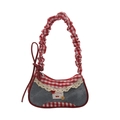 Denim shoulder bag with red gingham trim and cherry patch in a sweet pastoral style - Denim Blue
