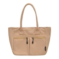 Borsa tote in nylon beige minimalista con tasche frontali a cerniera e etichetta - Cachi