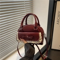 Retro burgundy bowling bag with a 3D bow, lace trim, and crossbody strap for women - Red