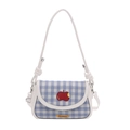 Mini borsa a tracolla a quadretti bianchi e blu con toppa a mela rossa e tracolla a nodo - Bianco
