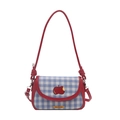 Borsa a tracolla a quadretti bianchi e blu con motivo a mela rossa e pelle rossa - Rosso