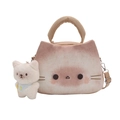 Simpatica borsa a tracolla in peluche gatto beige e rosa con ciondolo a forma di gatto - Borsa Singola / Cachi