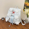 Cute blue and white striped backpack with plush stars and apple embroidery for school girls - With Plush Stars / Blue