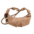 Deep beige crescent shoulder bag with suede texture and boho wooden beaded tassel - Khaki