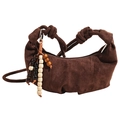 Dark brown suede dumpling bag with wooden bead pendant and knotted shoulder strap - Brown
