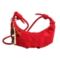 Red suede half-moon dumpling bag with wooden beads and minimalist knotted shoulder strap - Red