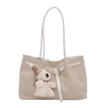 Cream woven texture tote bag with a cute puppy pendant and elegant metal buckle - Cream White with Pendant