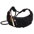 Chic black crescent shoulder bag with pleated suede finish and beaded wood charm - Black