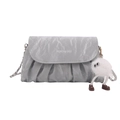 Light gray pleated cloud bag with metallic chain strap and plush monster pendant - No Pendant / Silver