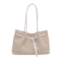 Beige woven leather tote bag featuring a white buckle strap and slender shoulder handles - Rice White (No Pendant)