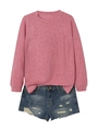 Deep pink long sleeve crewneck sweatshirt with ribbed cuffs and distressed denim shorts - 2XL / Rose Gold