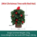 Mini sapin de Noël vert de 21cm avec boules rouges et bonnet de Père Noël sur bois - Petit sapin de Noël avec bonnet rouge