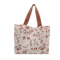 Graffiti canvas tote bag with brown woven handles and cartoon bear pattern print - Brown