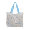 Graffiti canvas tote bag in beige and light blue with bear print and woven handles - Blue