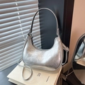 Chic silver crinkled leather crescent hobo bag for women with minimalist shoulder strap - Silver