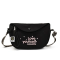 Black canvas saddle bag with pink letter embroidery and geometric wide strap - Black