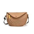 Brown saddle crossbody bag with 'Love yourself' embroidery and geometric strap - Khaki