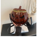 3D pumpkin crossbody bag in dark brown glossy leather with crocodile strap - Red