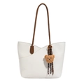 Sac fourre-tout blanc crème avec anses marron foncé et breloque ours en peluche - Blanc Crème avec Pendentif