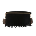 Black bohemian fringe crossbody bag with ethnic print strap and gold zipper detail - Black