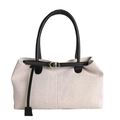 Vintage canvas tote bag with black leather handles and golden metal buckle details - Black