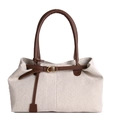 Vintage cream canvas hobo bag with dark brown leather straps and gold metal buckle - Brown