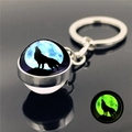 Glow in the dark howling wolf pendant keychain with blue moon glass crystal ball - Blue Moon Wolf Shadow (XSWX2748-9)